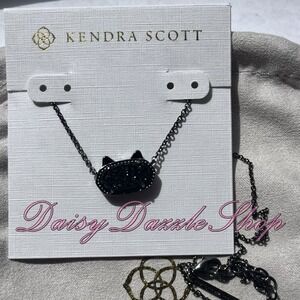 🖤✨Kendra Scott Elisa Cat Pendant Necklace Black Drusy Gunmetal New 🐈⬛